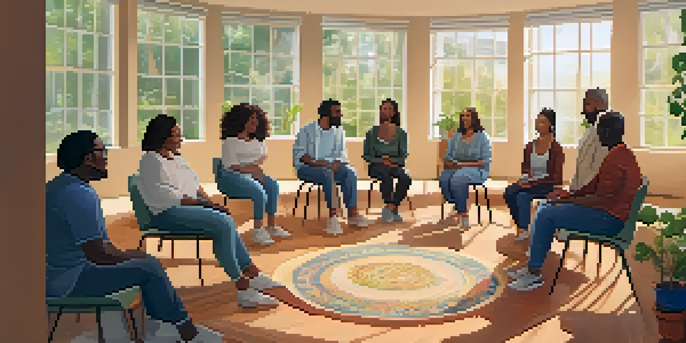 A diverse group of individuals engaged in a supportive discussion in a cozy meeting room, emphasizing community and recovery.