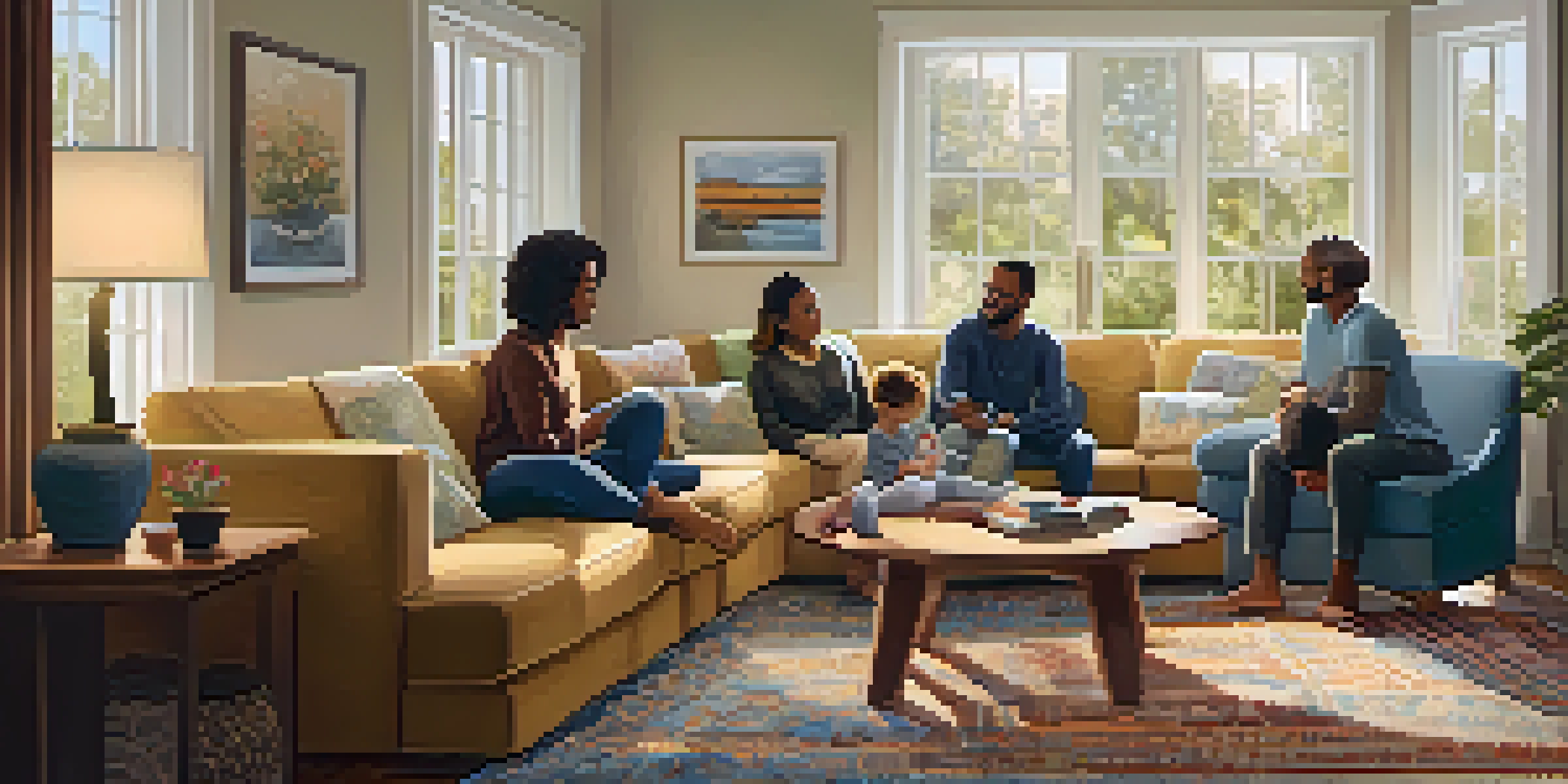 A diverse family engaged in a therapy session in a cozy living room, with a therapist guiding them in a circle.