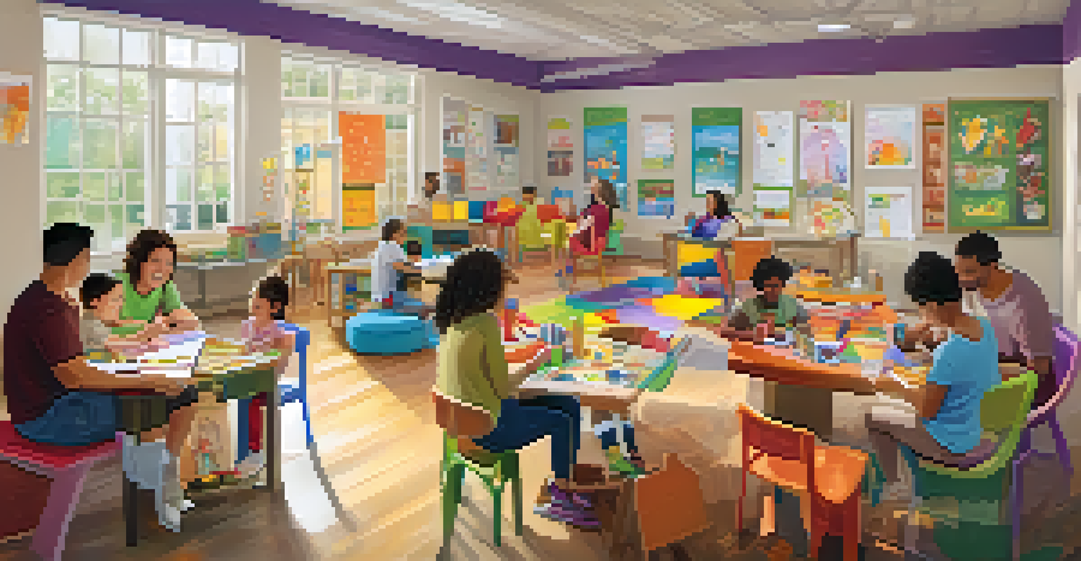 A family workshop where parents and children are learning about healthy coping strategies, surrounded by colorful materials.