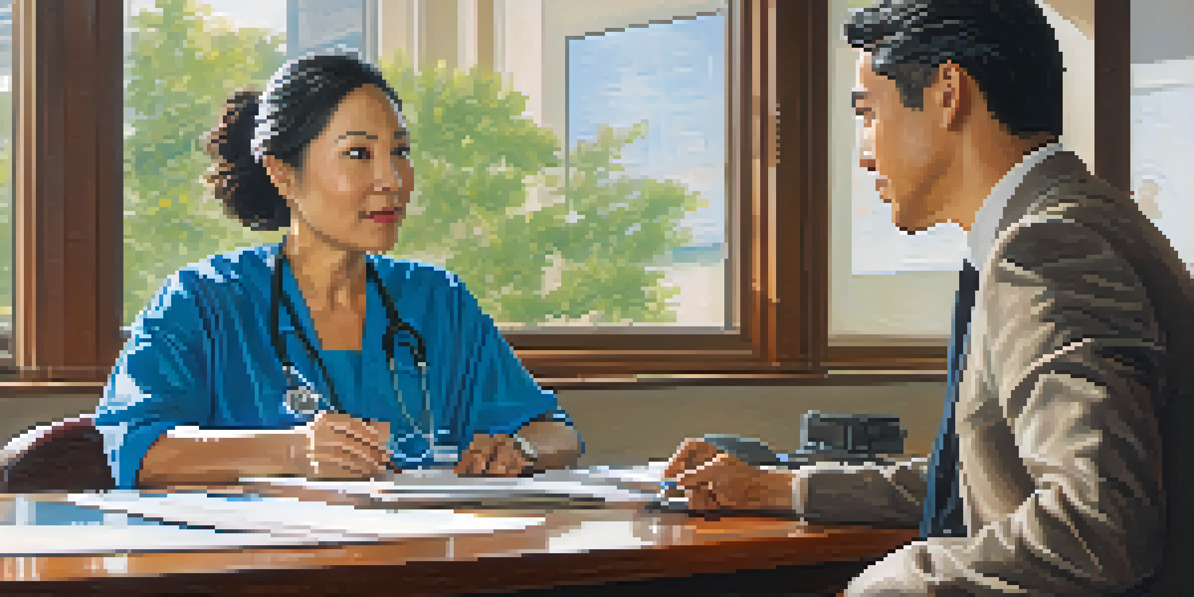 A healthcare provider and a patient engaged in a compassionate conversation in a bright office setting.