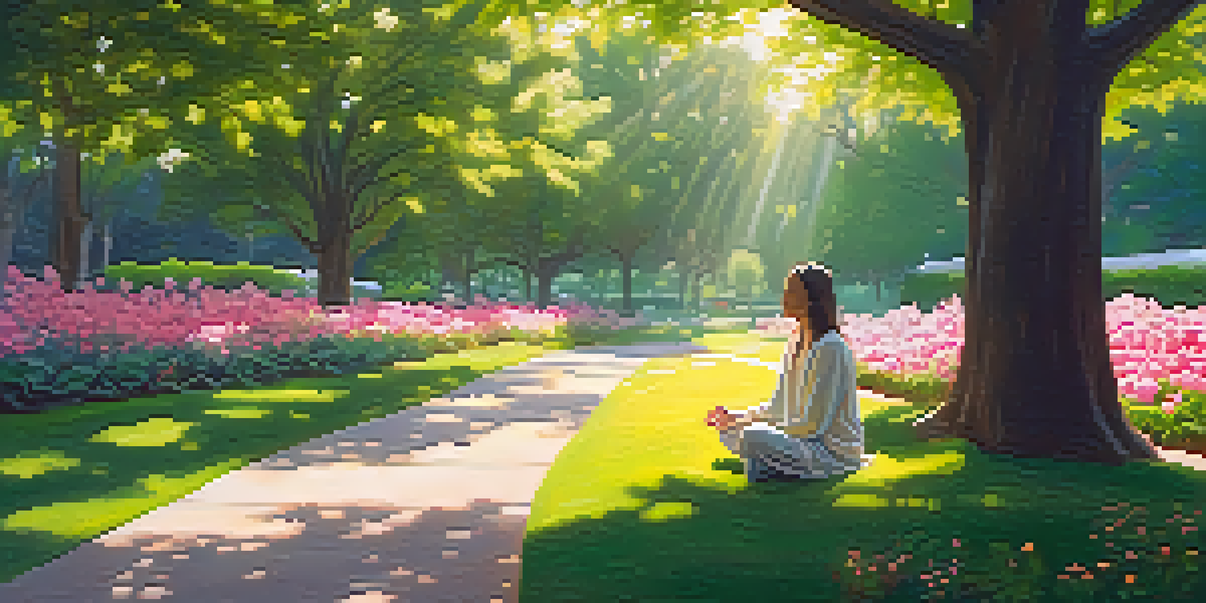 A person meditating peacefully in a bright park filled with flowers and greenery, sunlight filtering through the trees.