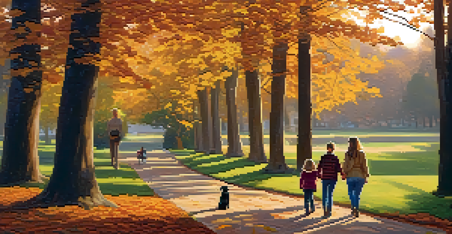 A family walking together in a colorful autumn park, smiling and supporting each other, with a warm sunset glow.