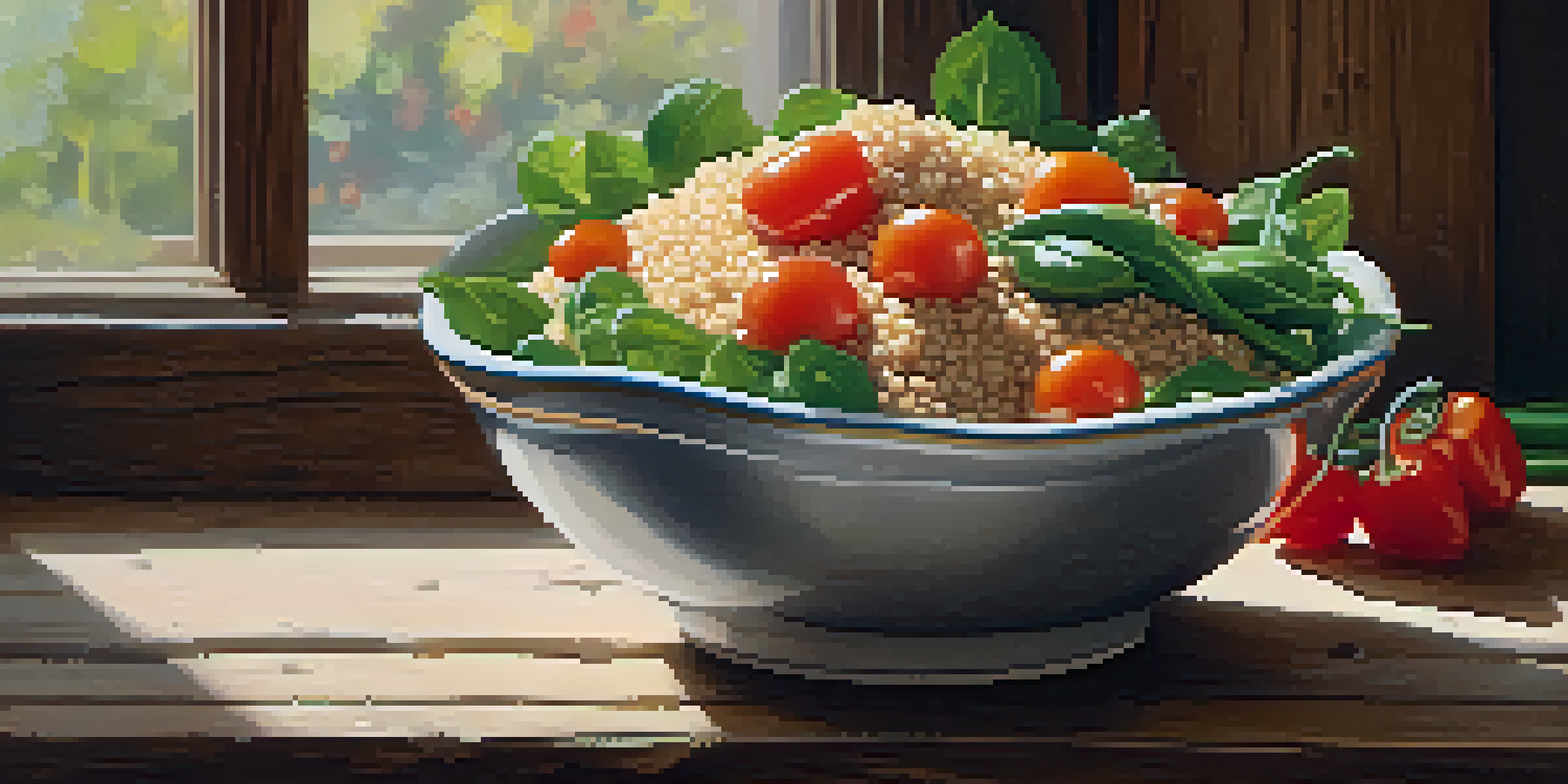 A colorful bowl of quinoa and mixed vegetables on a wooden table, illuminated by natural light.