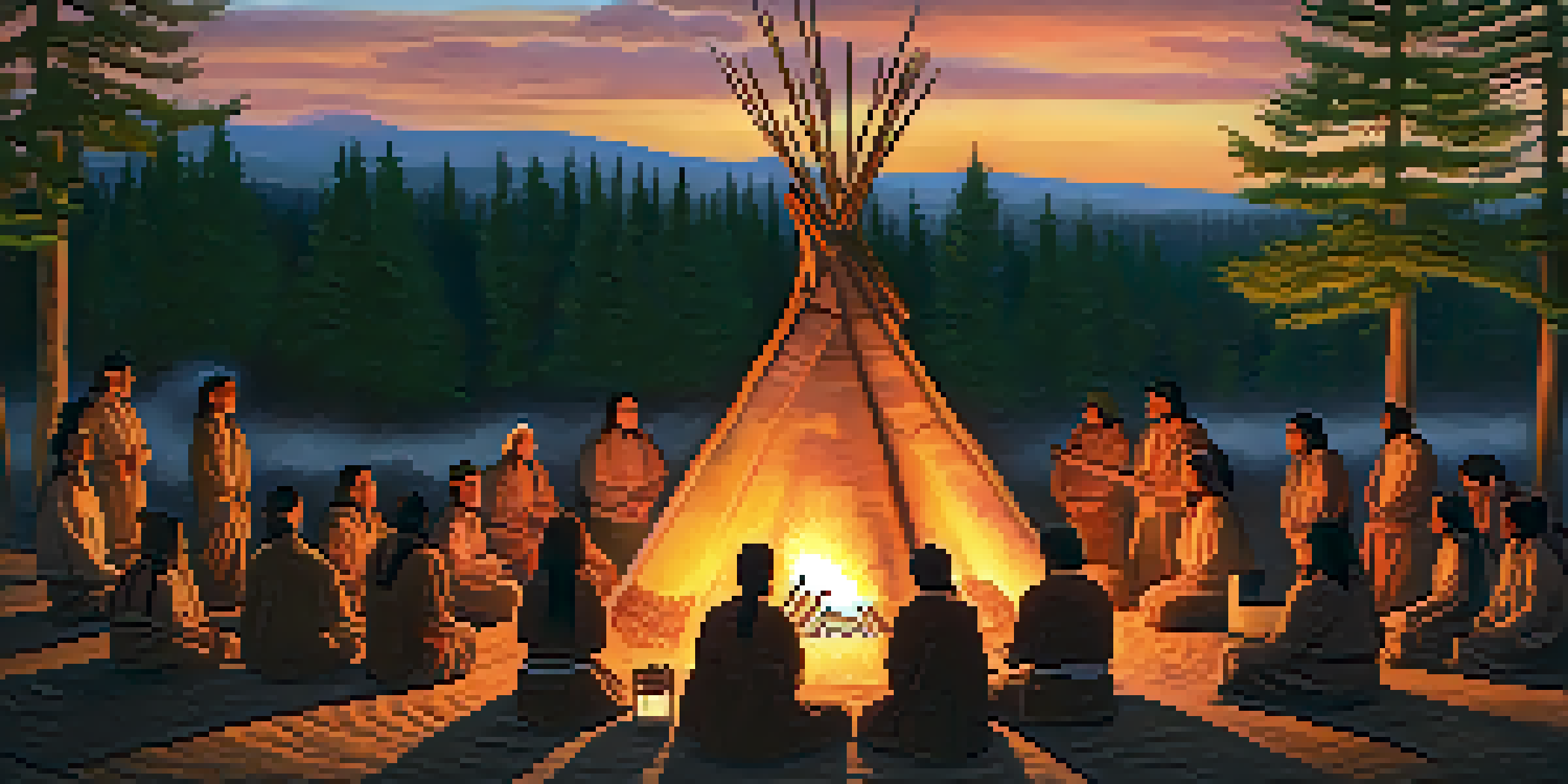 Participants engaged in a Native American sweat lodge ceremony at dusk, illuminated by firelight, with trees silhouetted against a sunset sky.