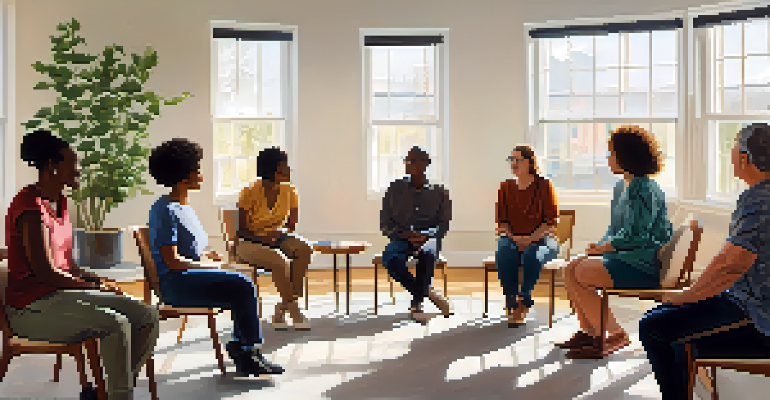 A diverse group of individuals sitting in a circle during a support group session, sharing experiences in a bright room.