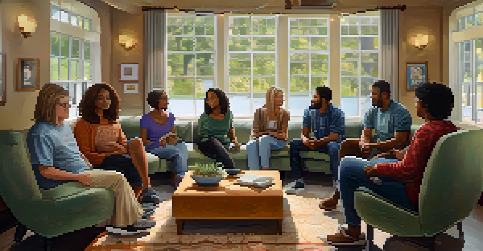 A diverse support group meeting in a cozy room, sharing experiences with a sense of community.