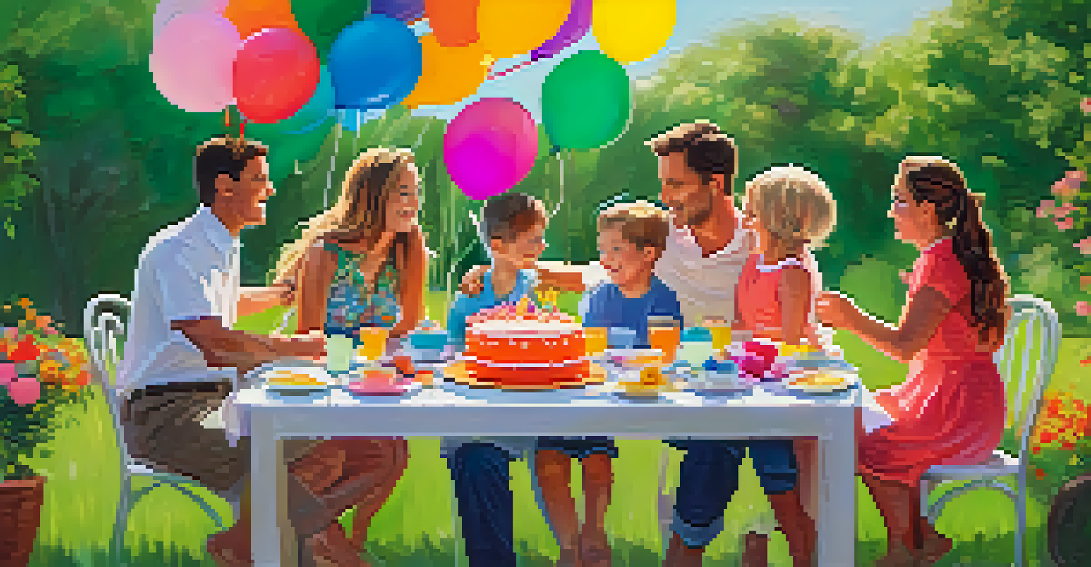 A joyful family celebrates a recovery milestone in a garden, surrounded by a cake and balloons, showcasing unity and support.
