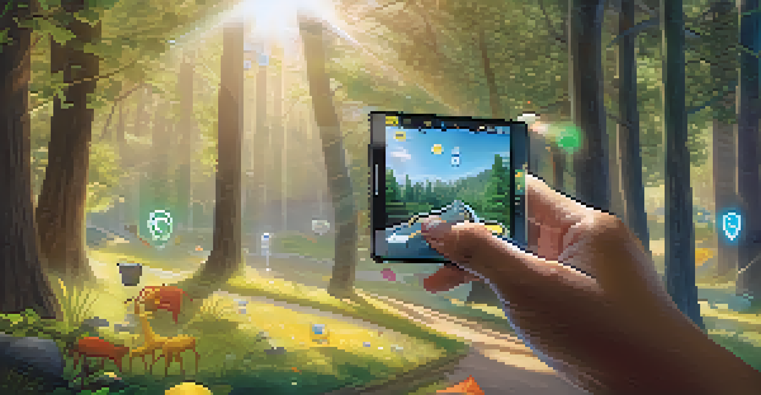 A person celebrating a recovery milestone with a gamified app interface, surrounded by glowing achievements in a serene outdoor setting.