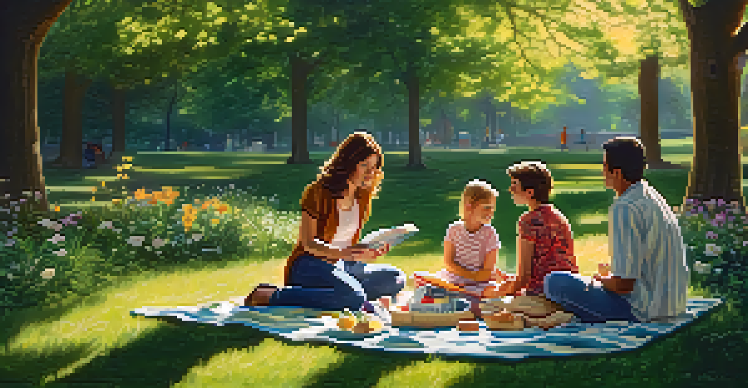 A family therapy session in a park, with family members seated on a picnic blanket, talking with a therapist surrounded by nature.