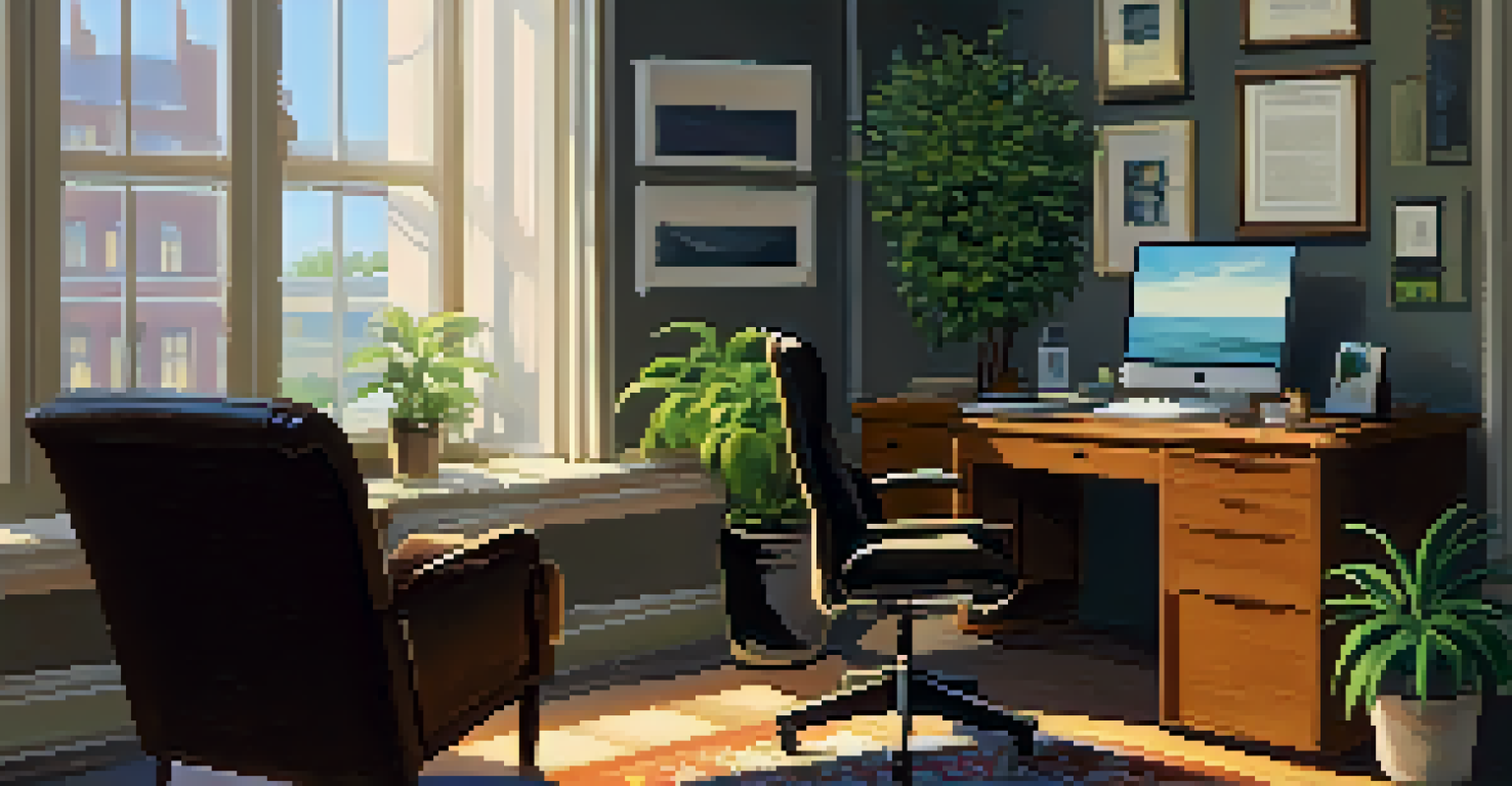 A cozy office space with a desk filled with addiction recovery resources, creating a welcoming atmosphere for serious conversations.