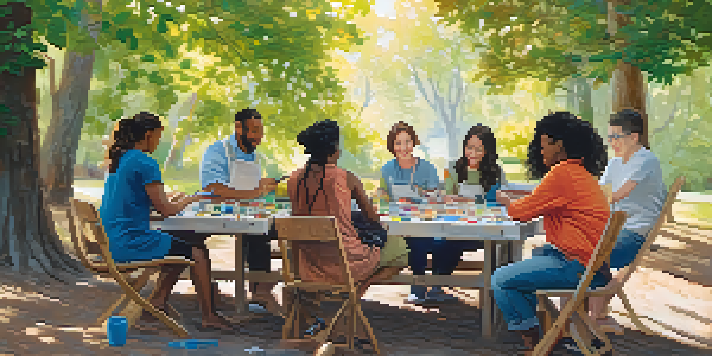 A diverse group of individuals participating in an outdoor art workshop, surrounded by nature and sunlight.