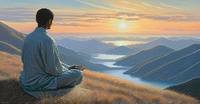 A person meditating on a mountaintop at sunrise, surrounded by clouds and soft light.