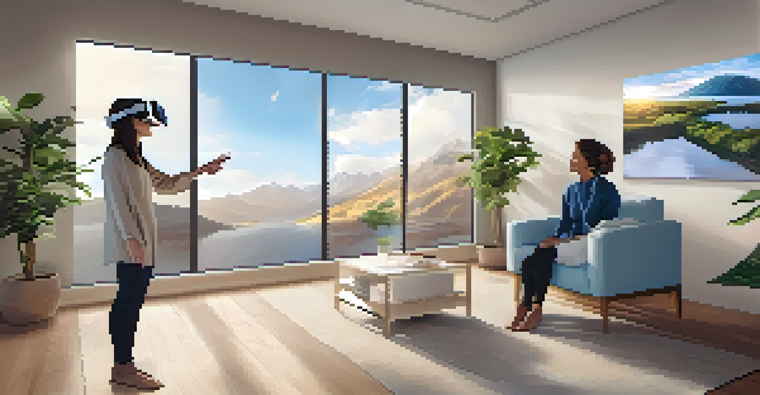 A therapist and a patient participating in a virtual reality therapy session, with a calming virtual landscape on the screen.