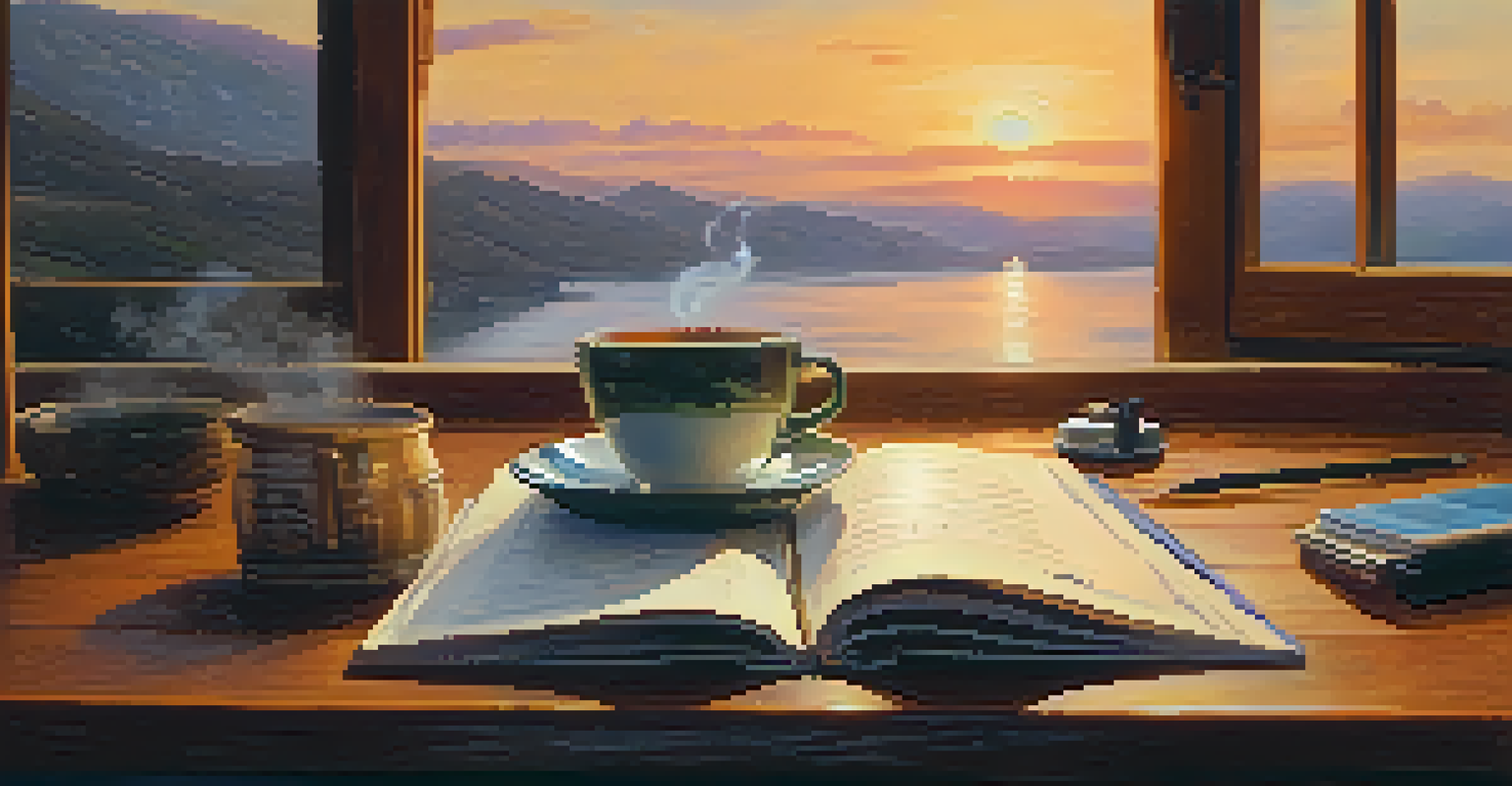 A person writing in a journal at a desk with a cup of tea, with a sunset visible through the window.