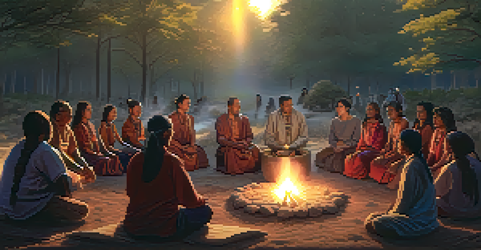 An Indigenous healer performing a traditional ceremony in nature, with participants gathered around a fire pit.