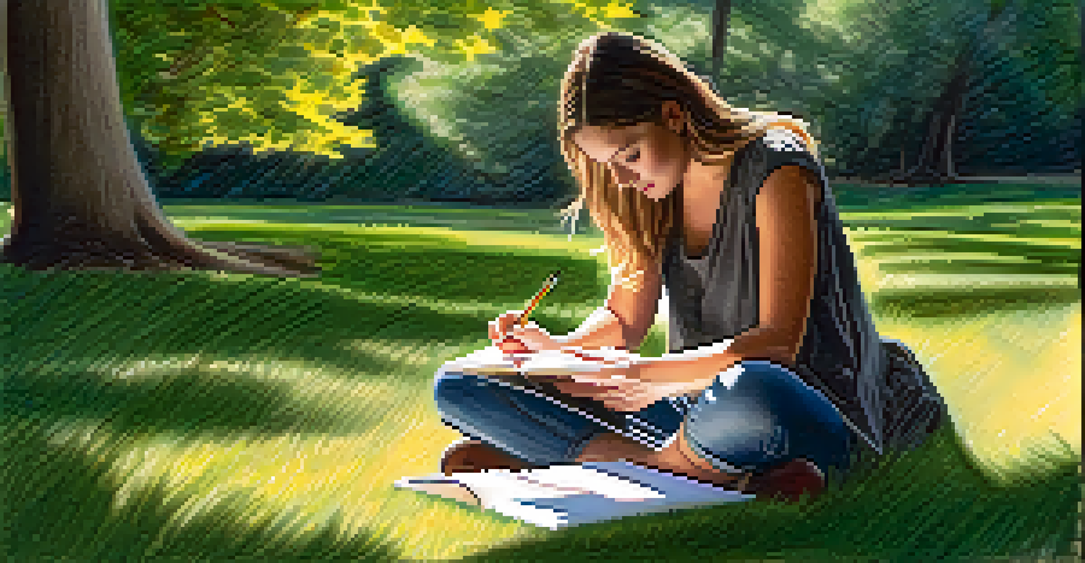 A person drawing in a sketchbook outdoors, surrounded by nature, with sunlight filtering through the trees, portraying a sense of calm and focus.