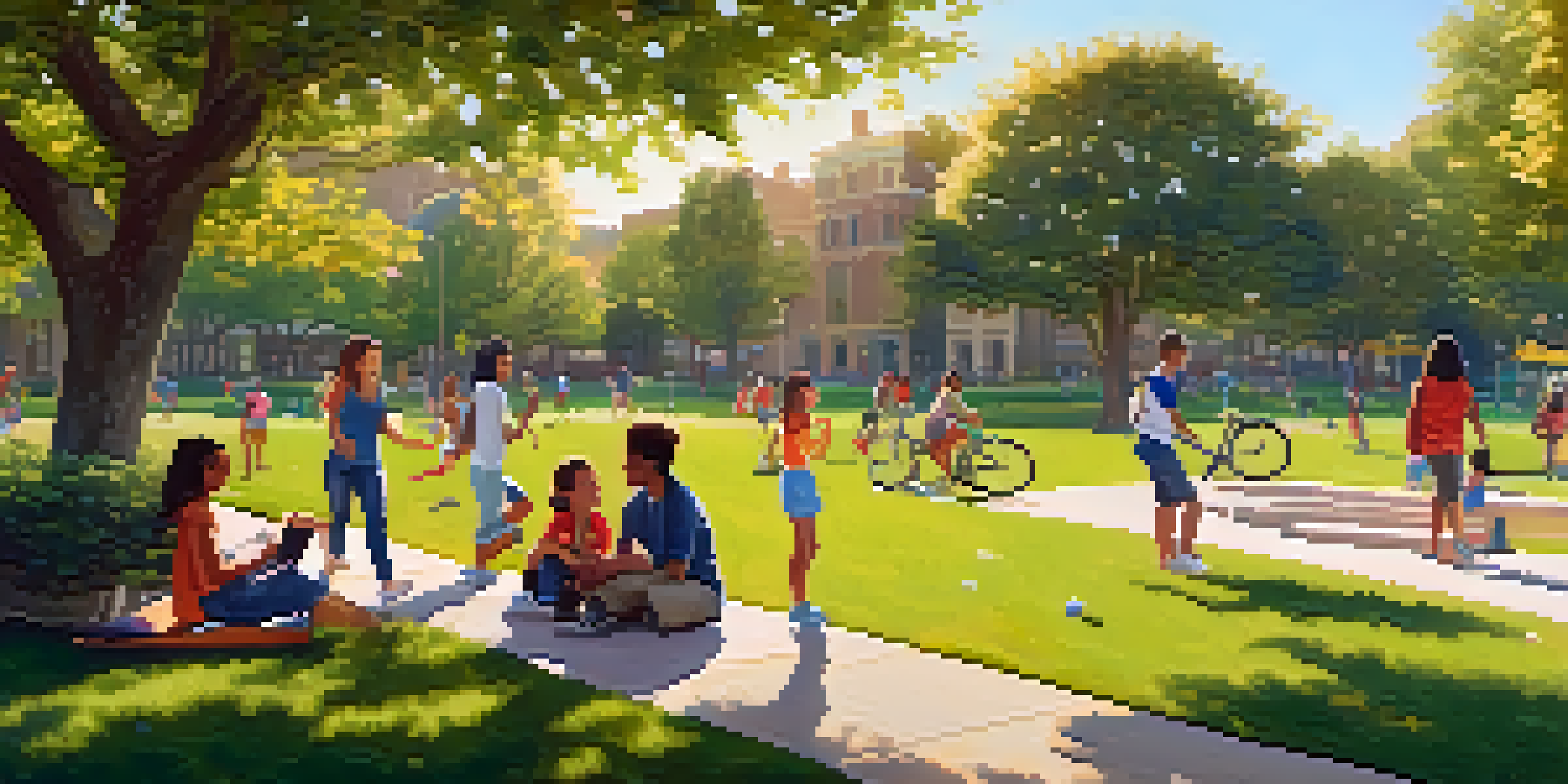 A vibrant community park filled with diverse young people enjoying various activities under the warm sunlight.