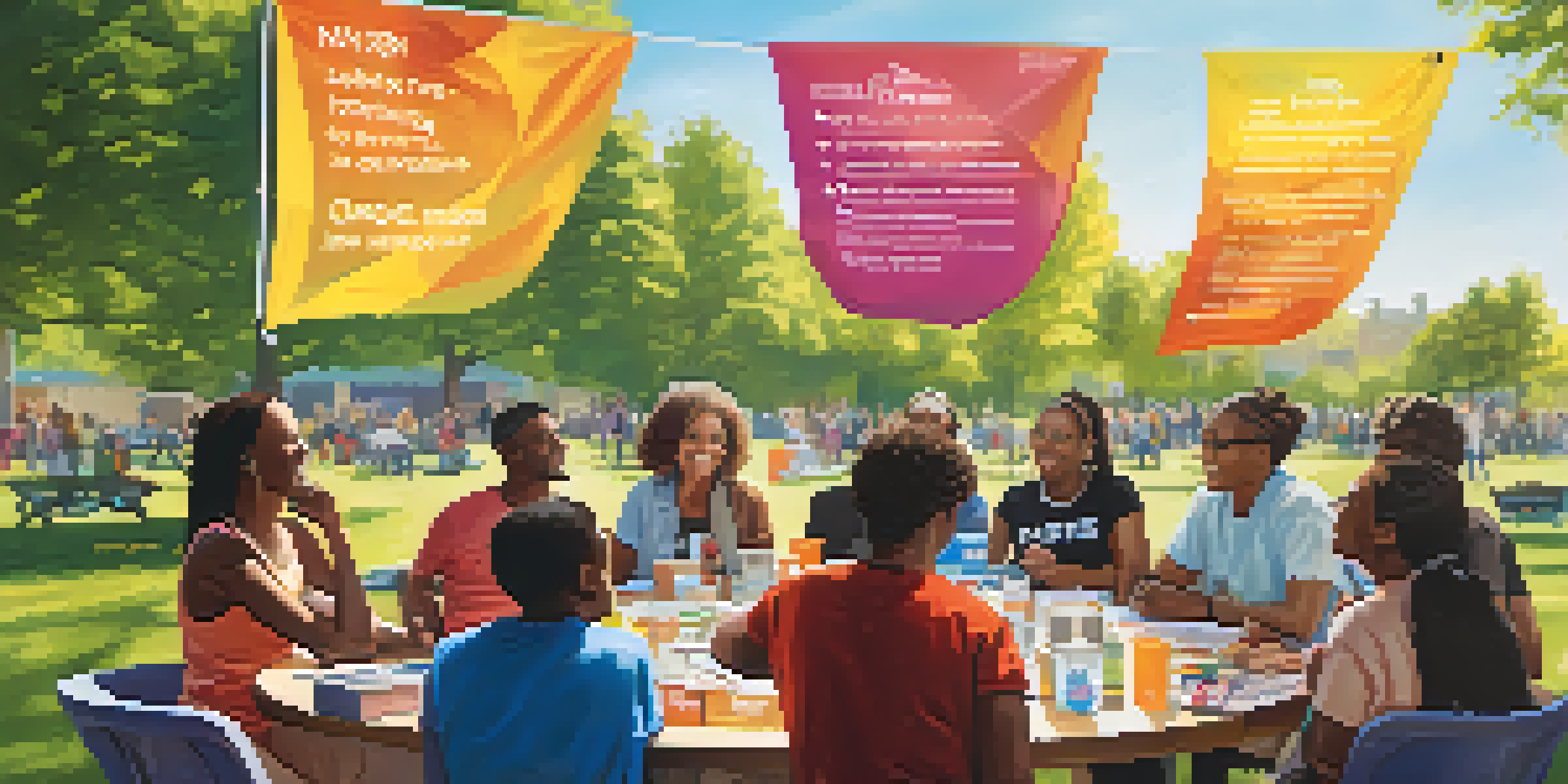 A community gathering in a park for an addiction awareness campaign, featuring diverse individuals, colorful banners, and sunlight filtering through trees.