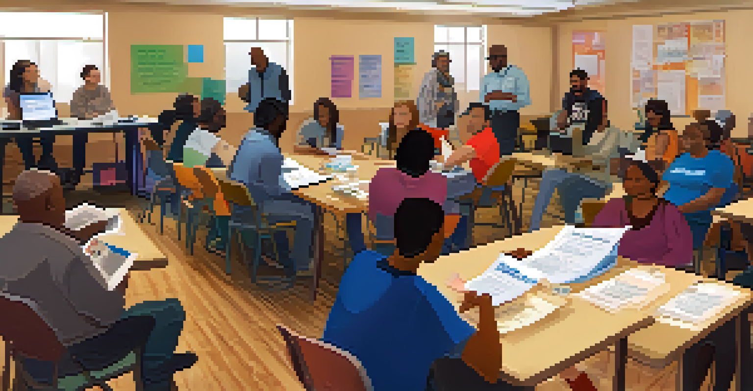 An inviting community center workshop focusing on recovery, with participants engaged in discussion.