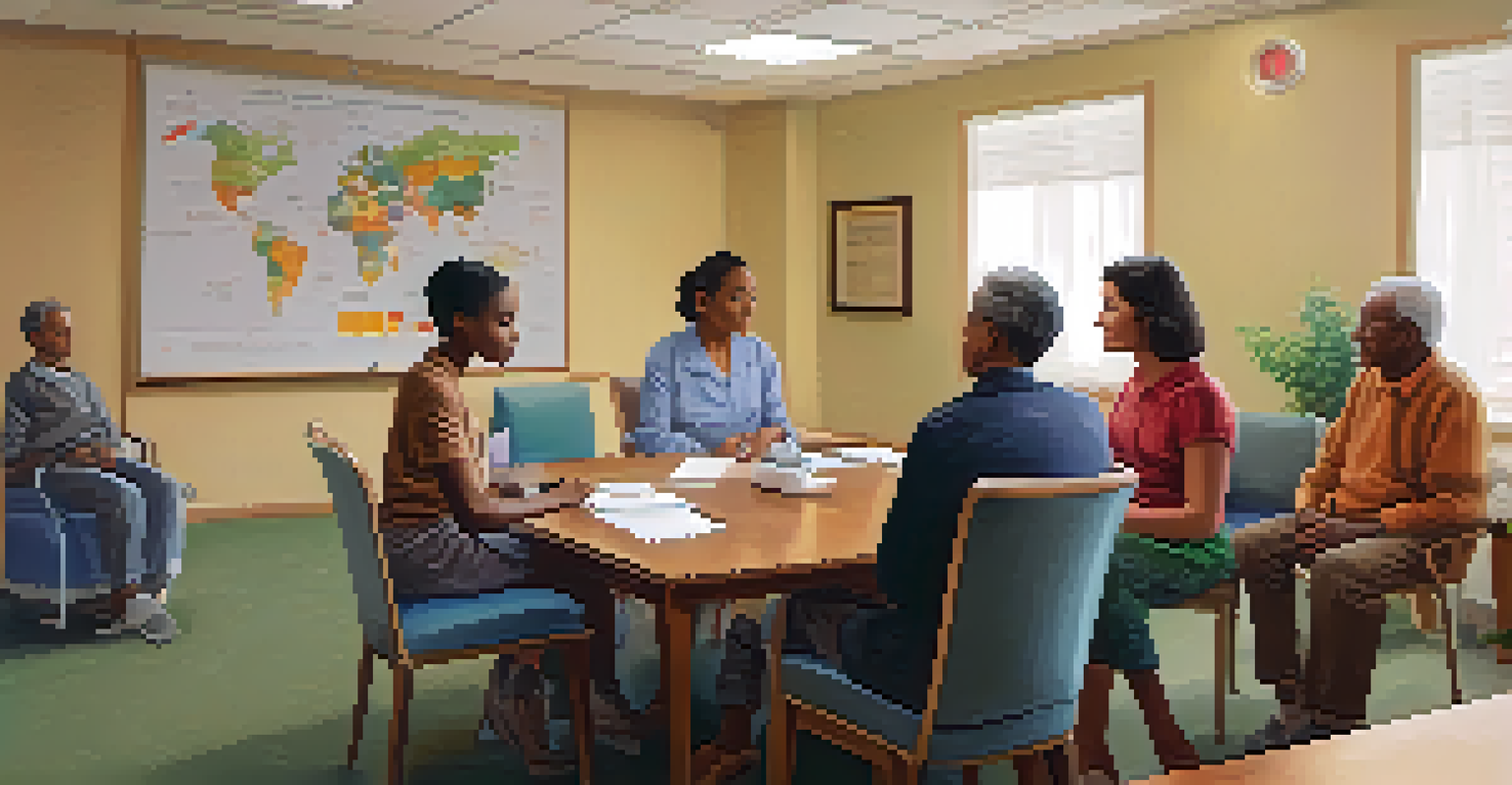 A family meeting in a care facility where a caregiver discusses treatment plans with attentive family members, with pamphlets and a whiteboard in the background.