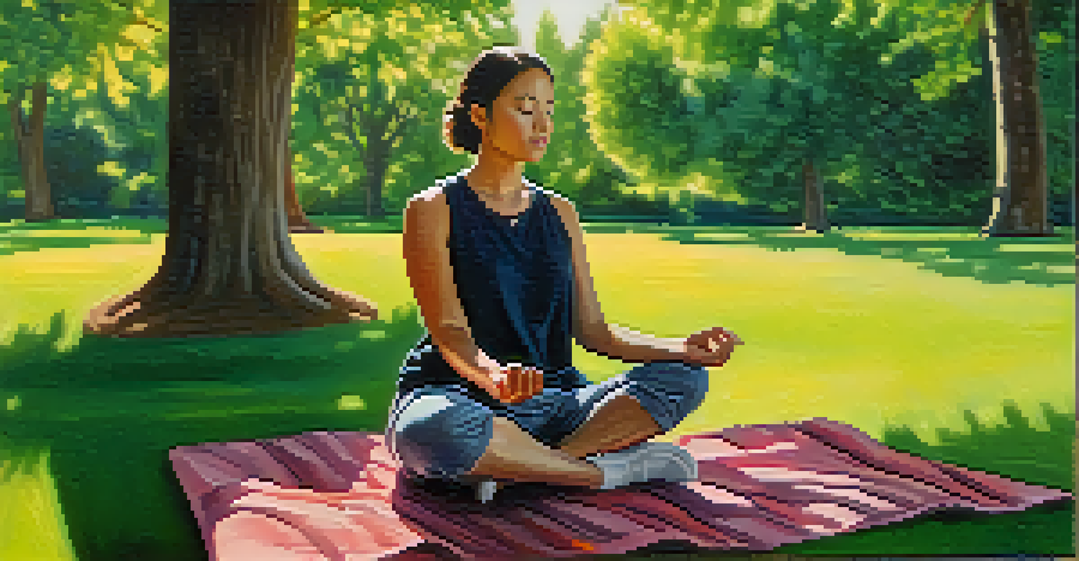 A person practicing mindfulness outdoors in a lush park, surrounded by greenery, with a serene expression.