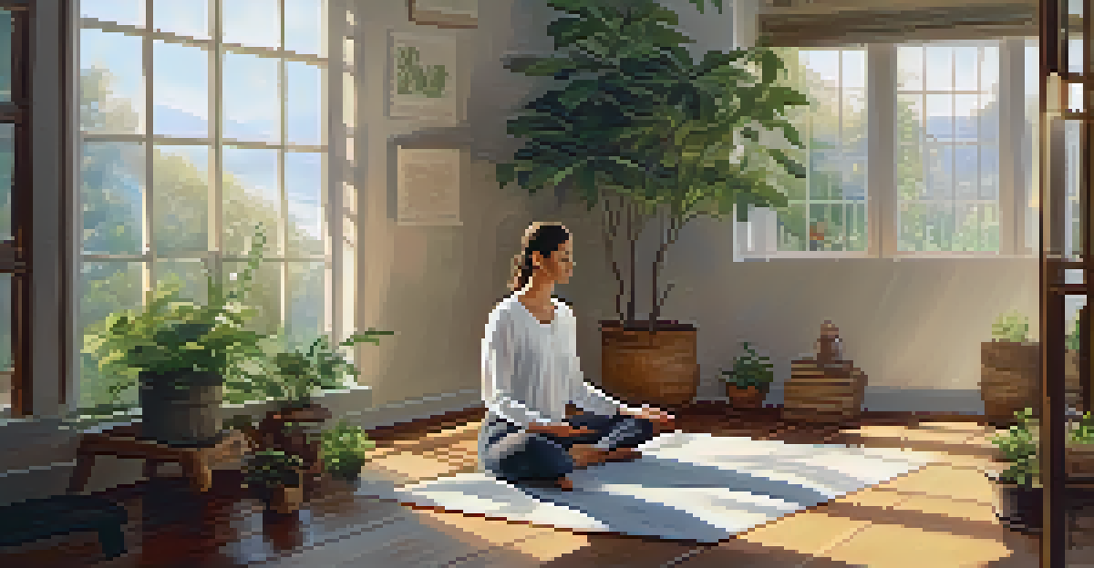 A person meditating indoors surrounded by plants, with a journal and tea nearby, illuminated by soft natural light.