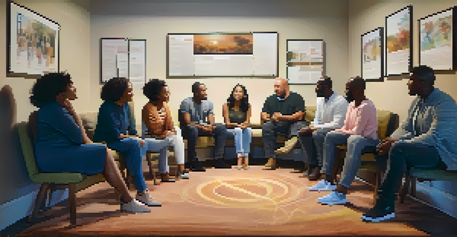 A group of people in a support meeting, sharing and listening in a cozy environment.