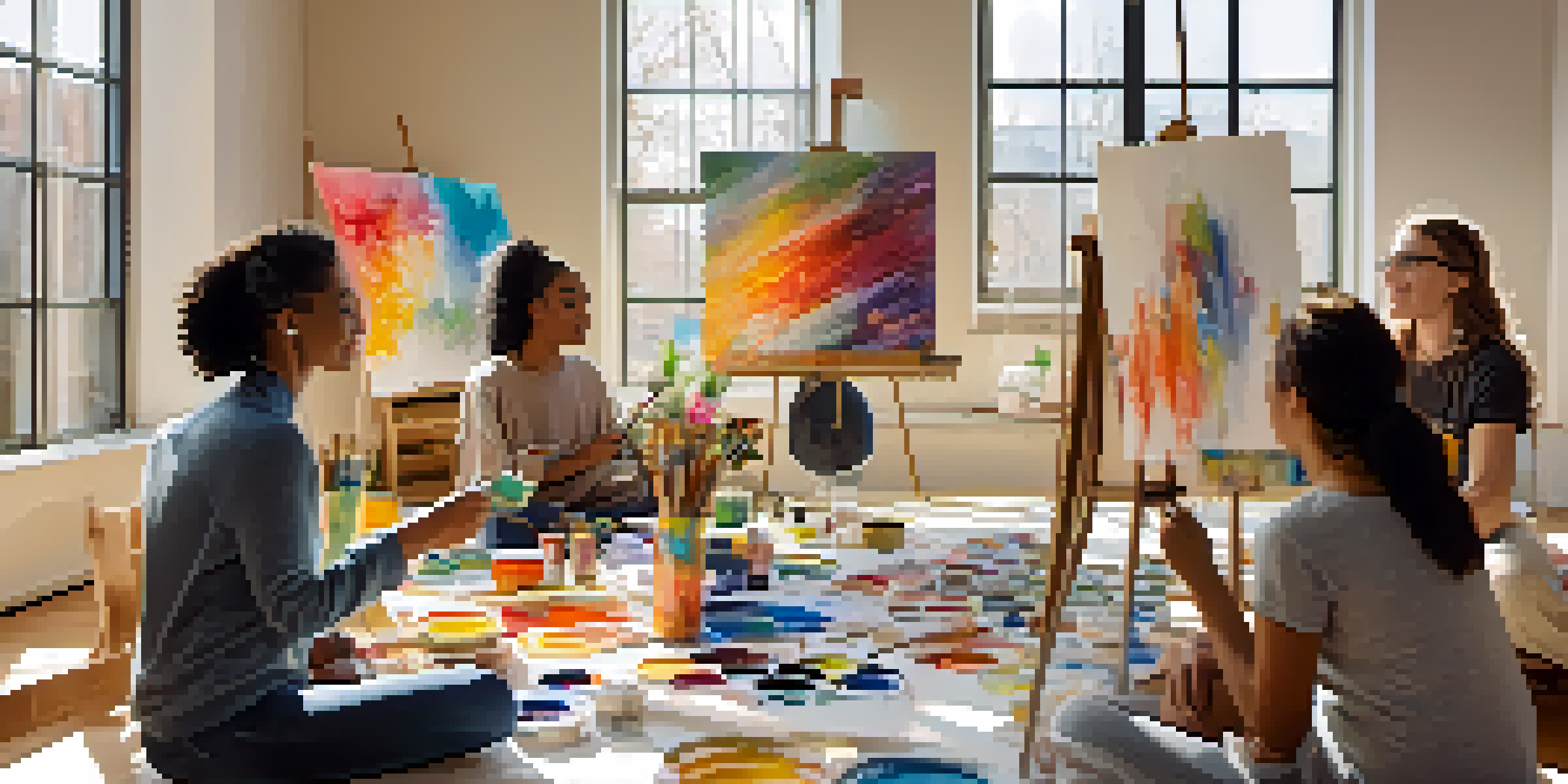 A bright art therapy studio where a diverse group of individuals is painting, expressing their emotions through vibrant colors.