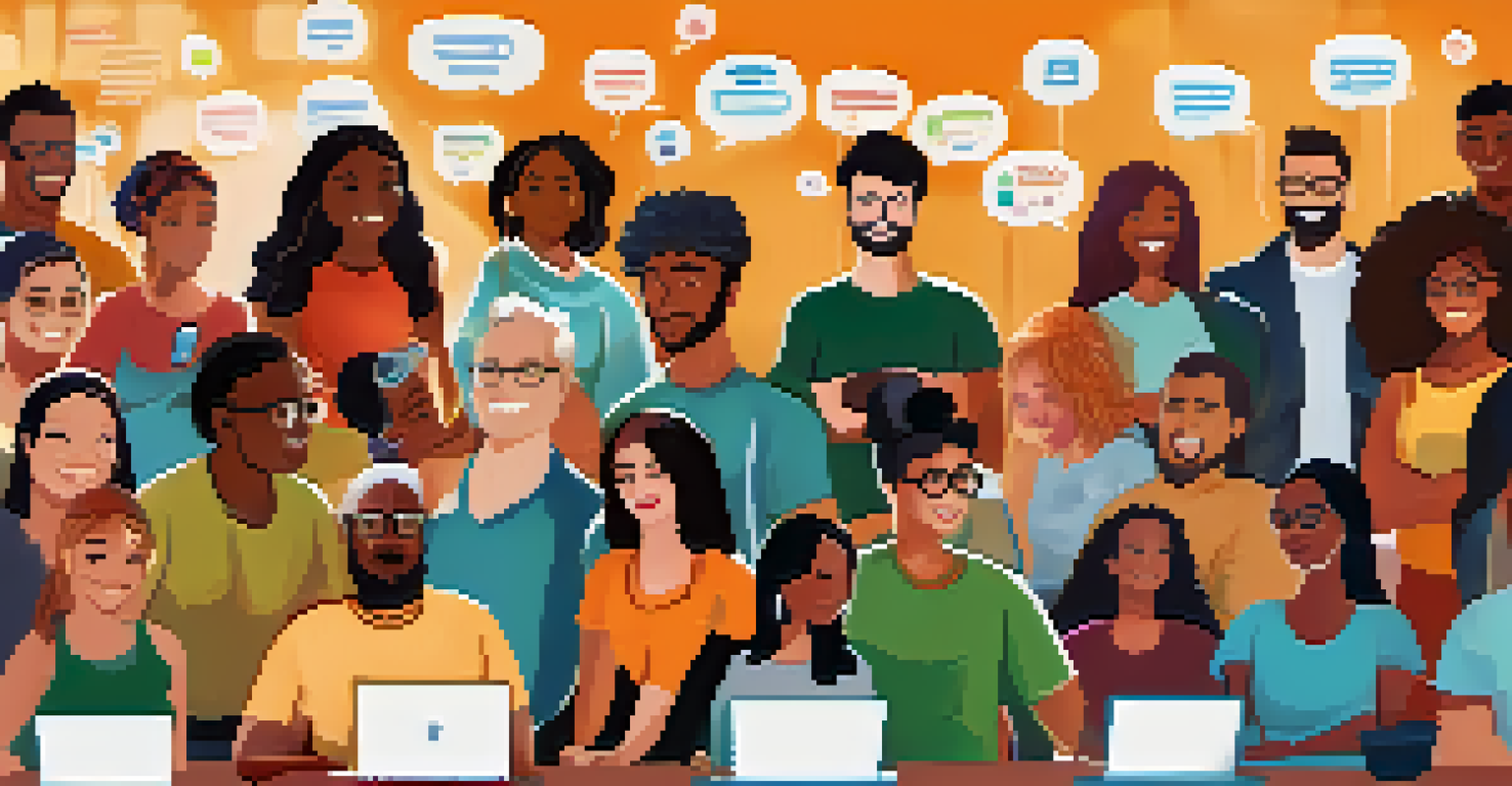 A diverse group of people in a virtual meeting for addiction recovery support, engaged and smiling at their devices.