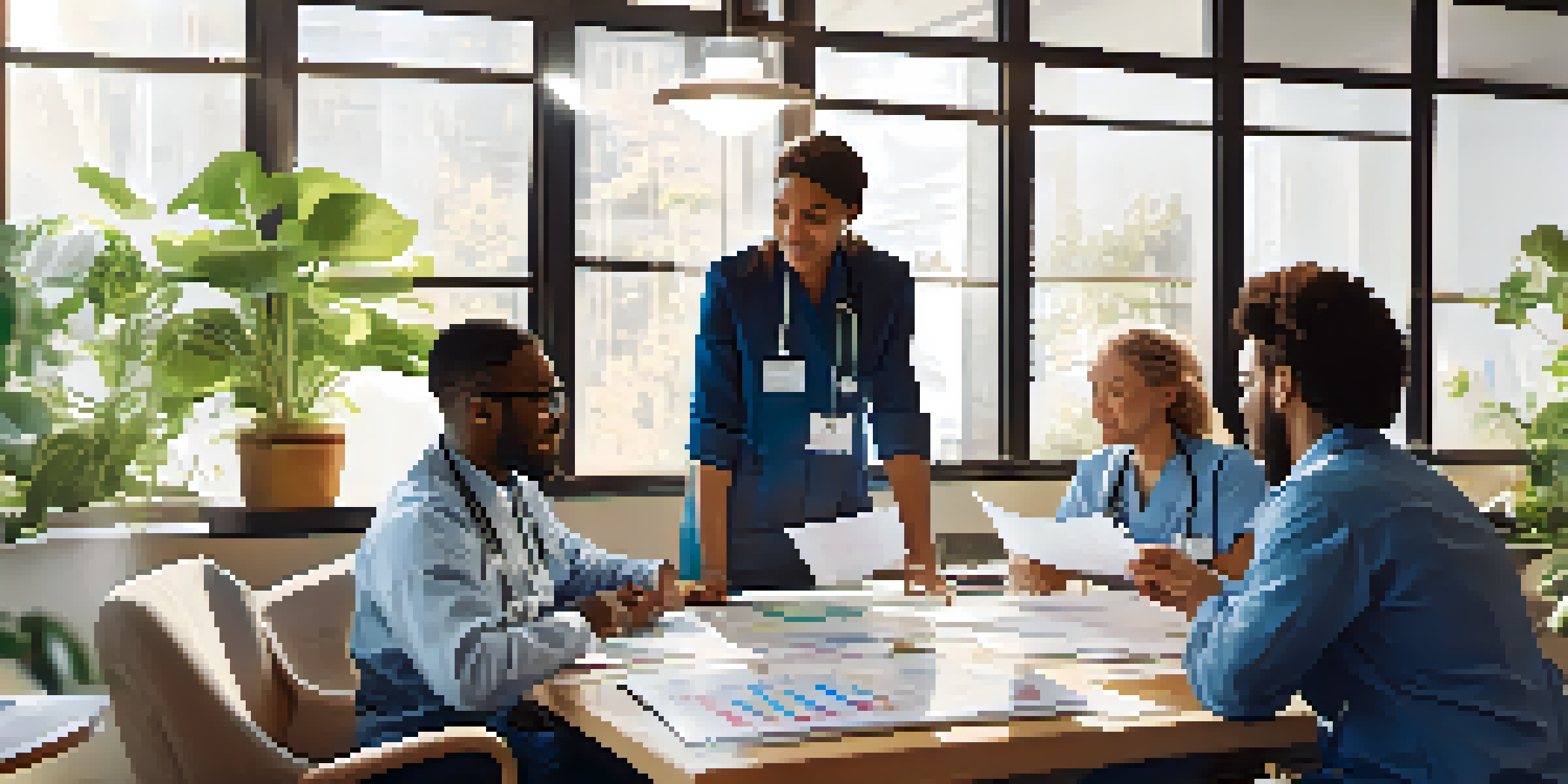 A diverse team of healthcare and community service professionals working together at a table, discussing data and sharing ideas in a well-lit room.