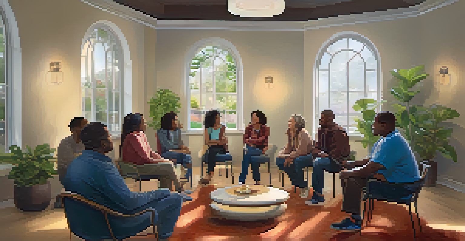 A diverse group of people in a supportive circle discussion in a cozy community center room.