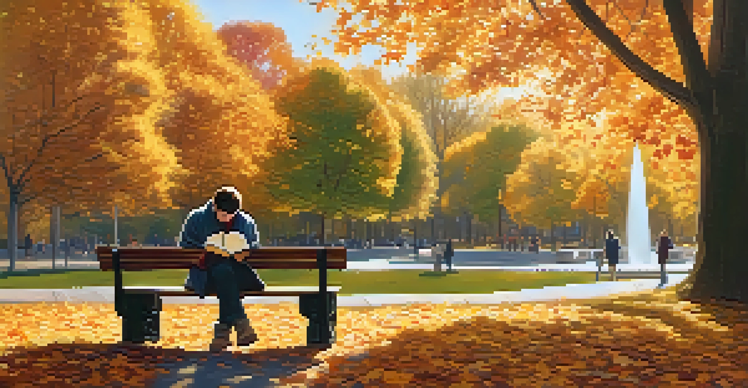 A reflective individual sitting on a park bench with a journal, surrounded by autumn leaves and a supportive recovery group in the background.