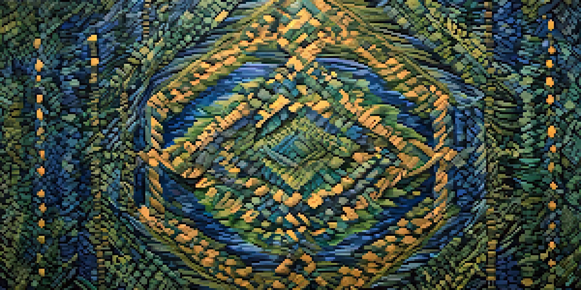 A colorful tapestry with threads in blue, green, and gold, showing signs of being unraveled, set against a softly lit background.