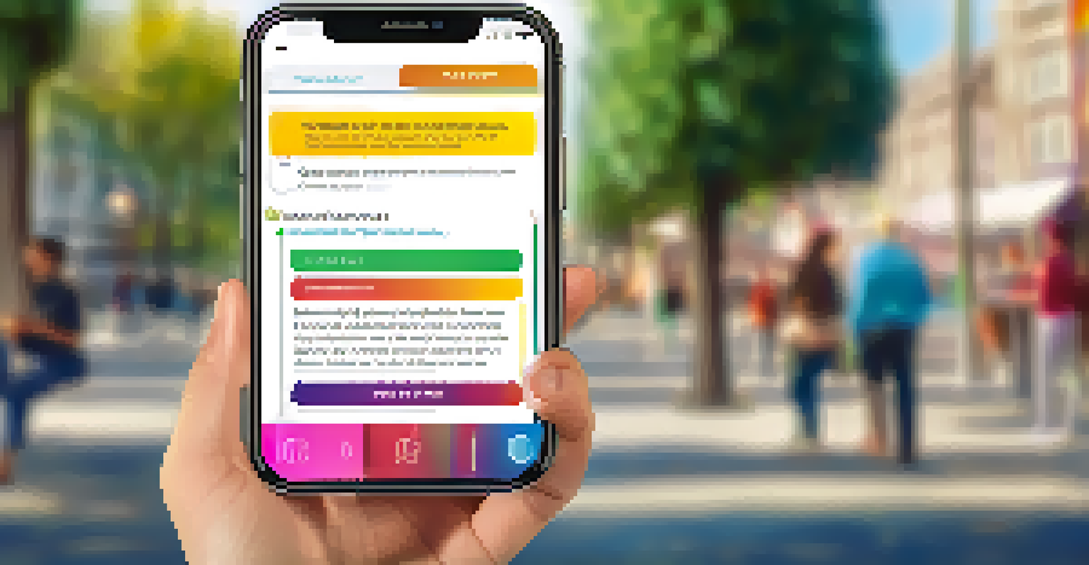 A smartphone displaying a self-report app for addiction screening, held in a hand against a blurred park background.