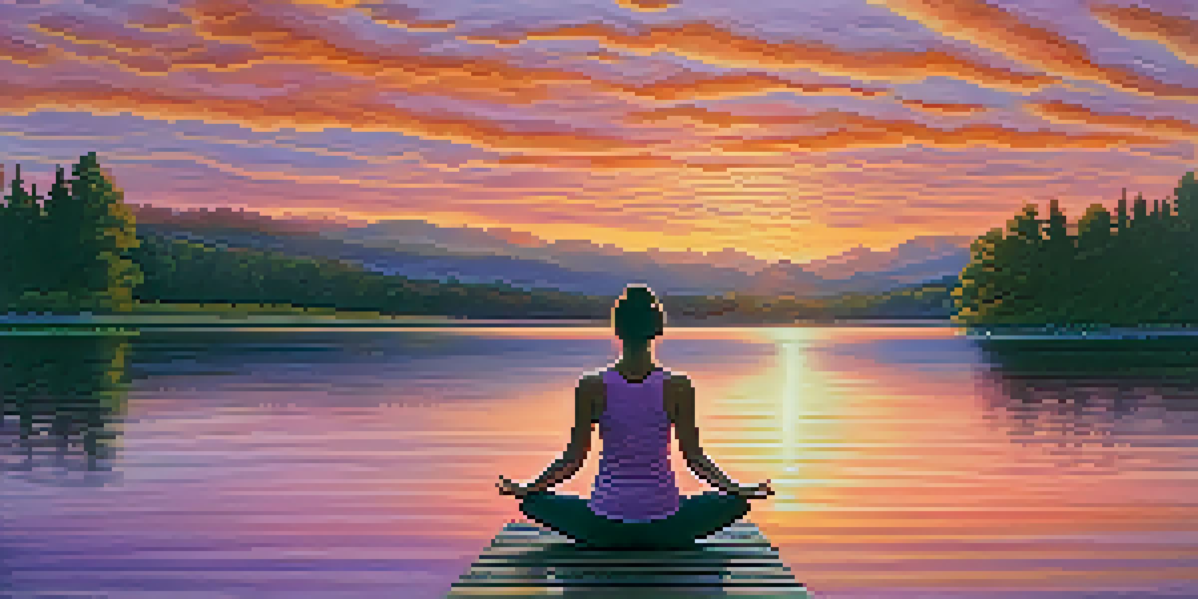 A person practicing yoga on a wooden dock at sunset, with a tranquil lake reflecting colorful skies.