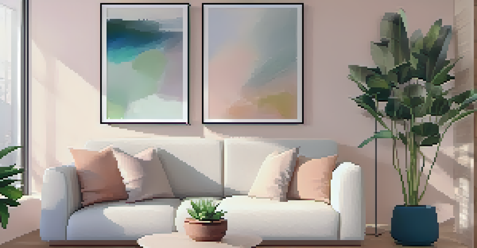 A cozy therapy room with a couch, plants, and calming artwork, designed for healing and comfort.