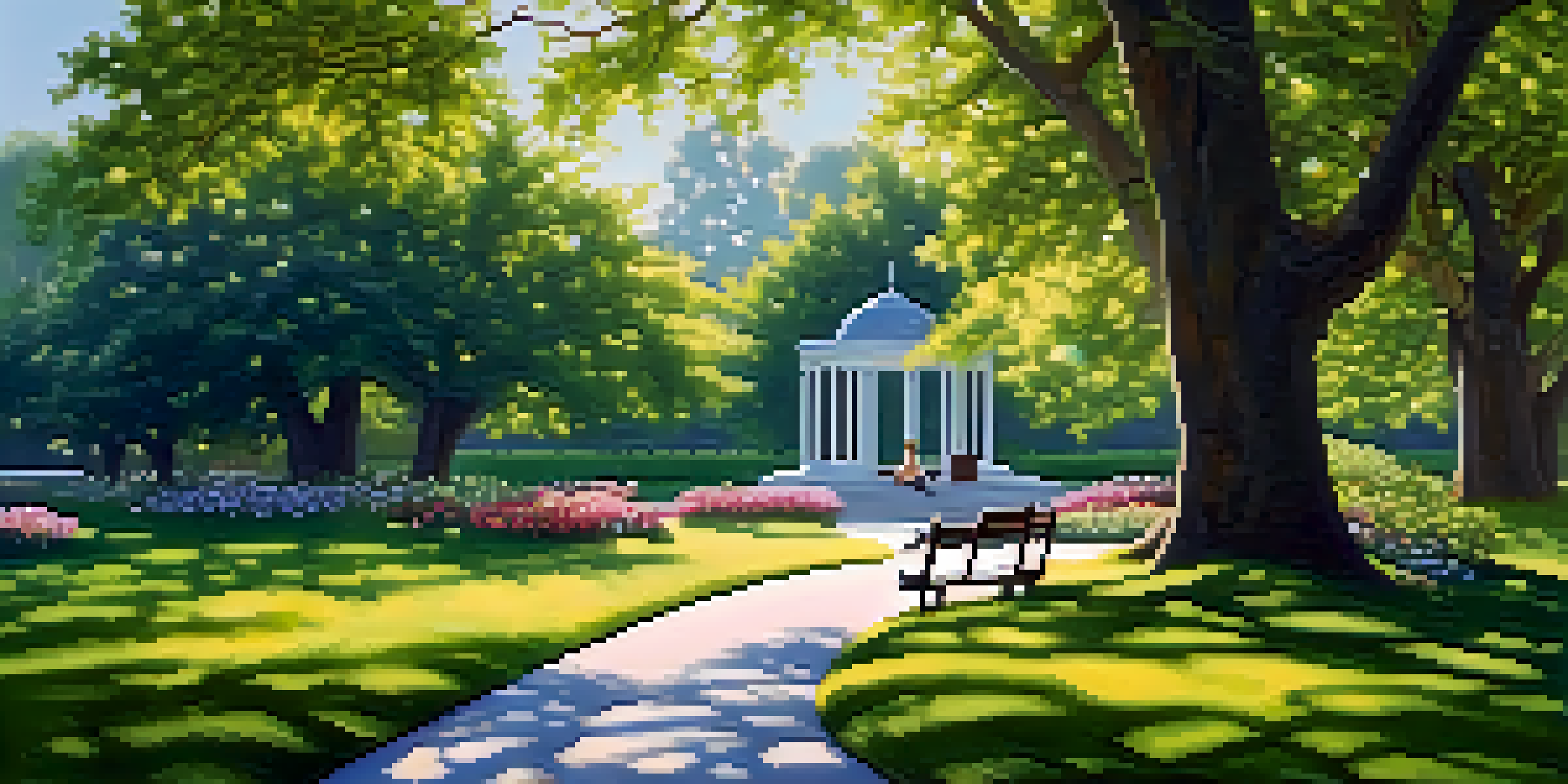 A peaceful park with a winding path, lush greenery, blooming flowers, and a person reading on a bench.