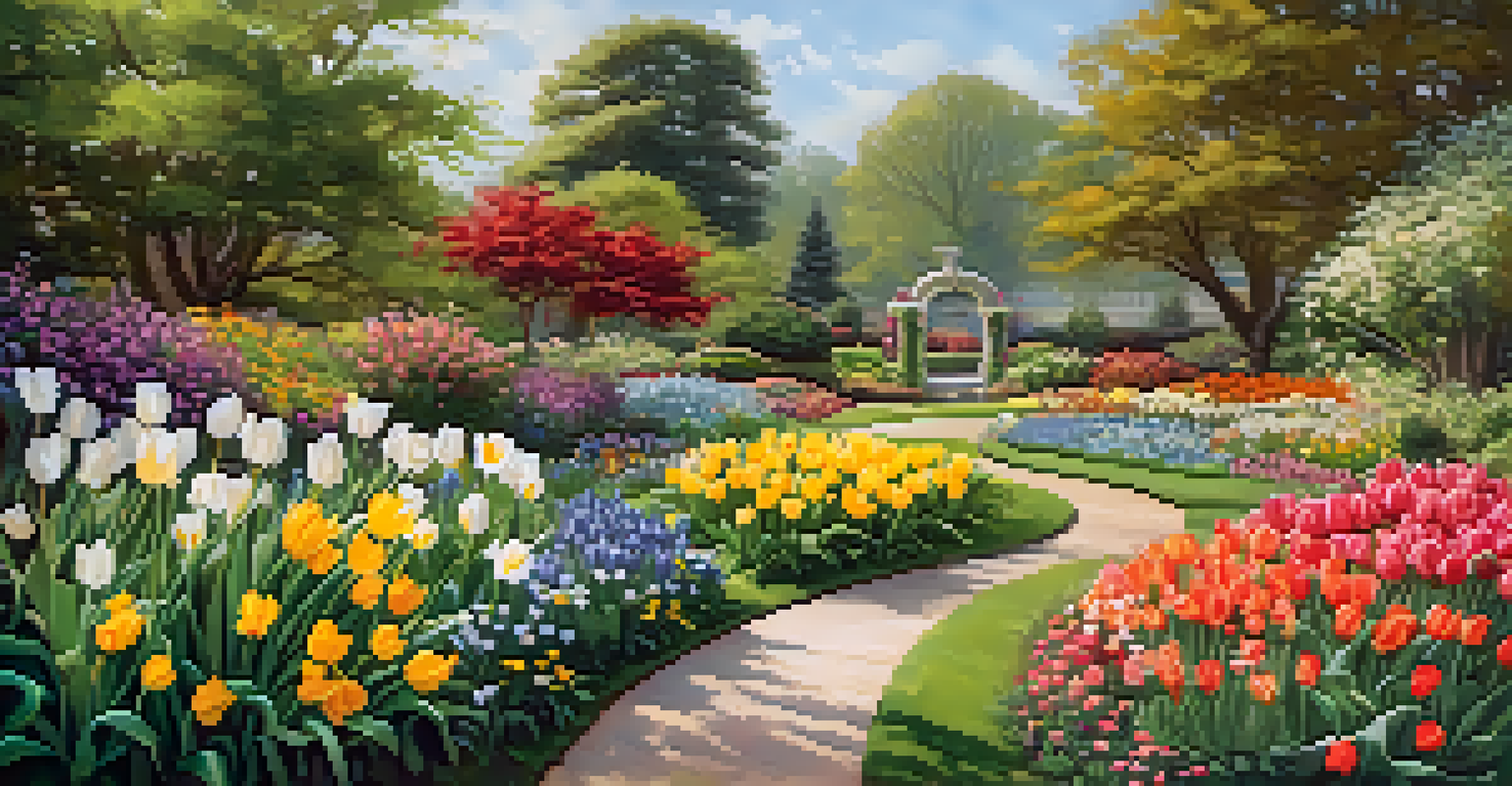 A colorful spring garden with various flowers and a winding path.