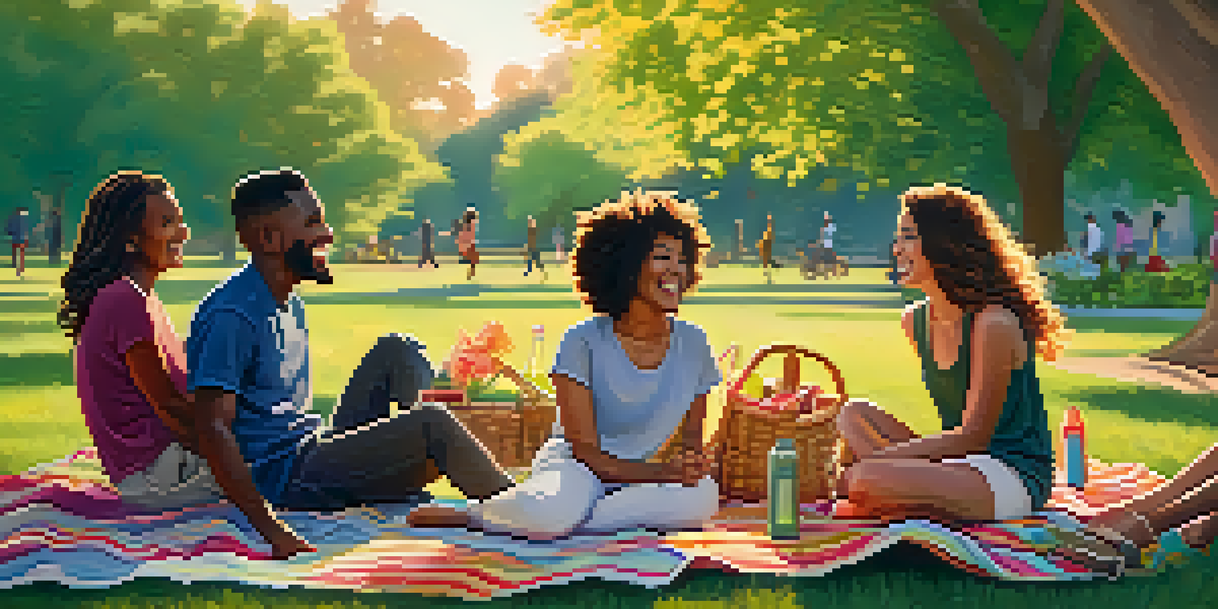 A diverse group of friends enjoying a picnic in a park during sunset, surrounded by trees and flowers.