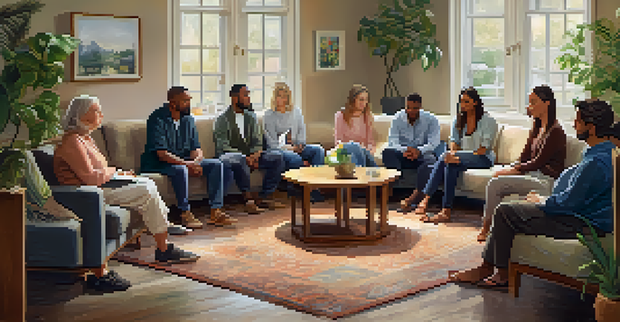A diverse support group sitting in a circle, sharing stories in a warm and inviting room filled with plants and soft lighting.