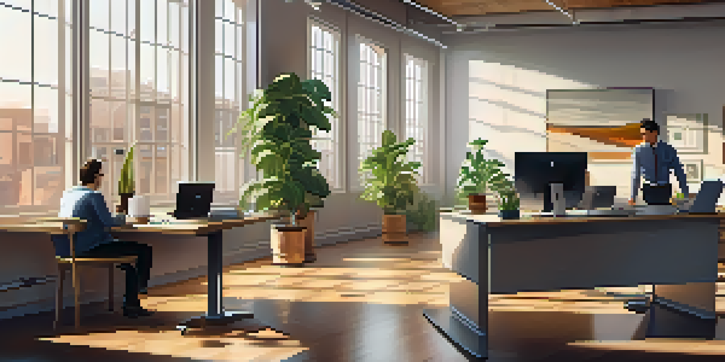 An inviting office space with a desk, laptop, coffee, and a plant, where employees are having a supportive conversation.