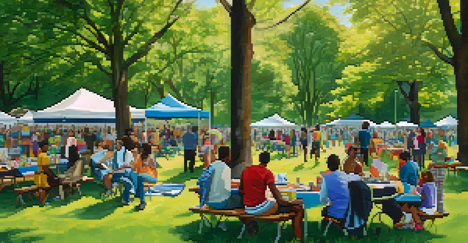 A vibrant community gathering in a park with people engaging in conversations and a resource table promoting mental health.