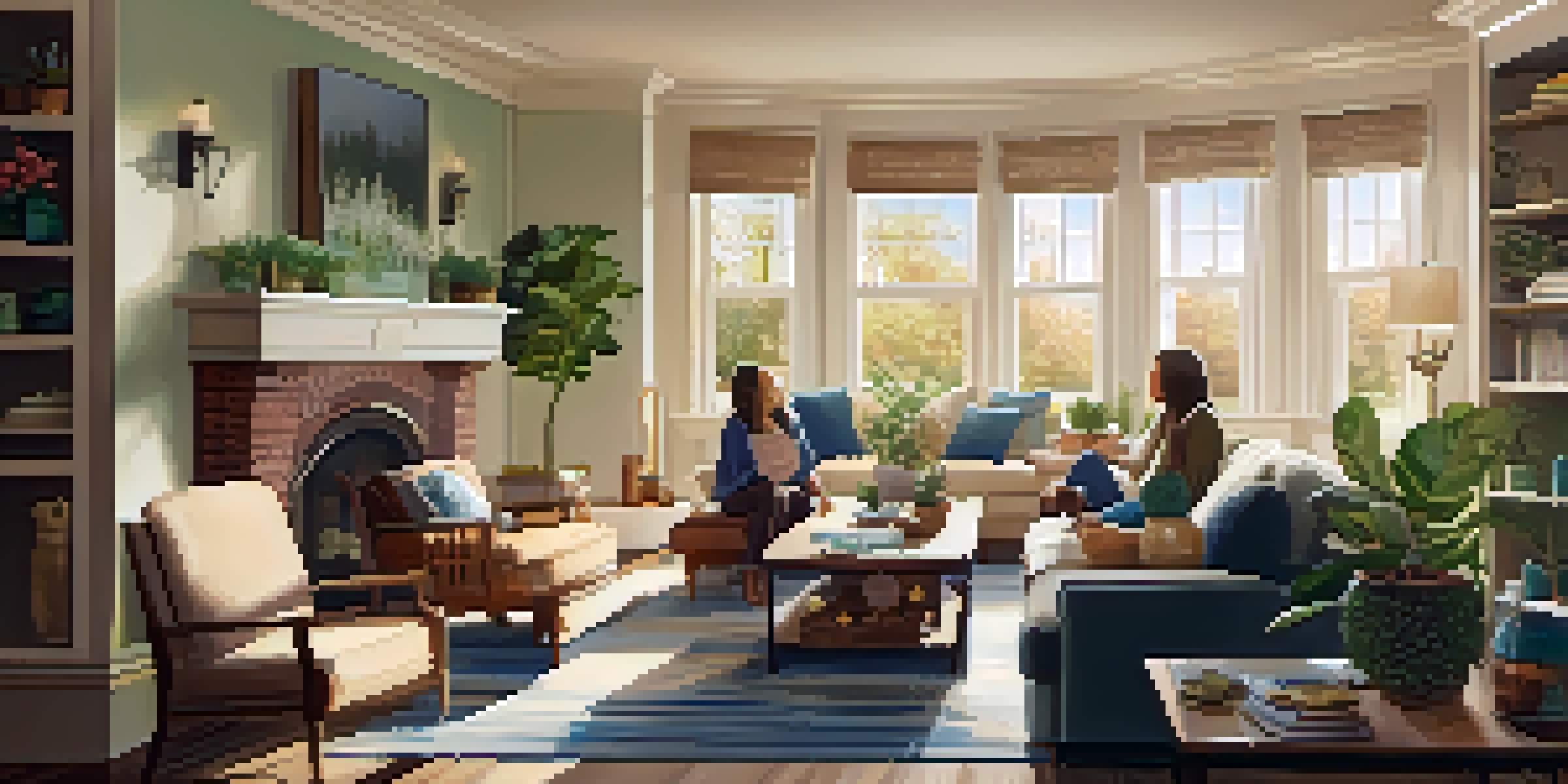 A family sitting in a bright living room, engaged in a warm conversation with sunlight illuminating the space.