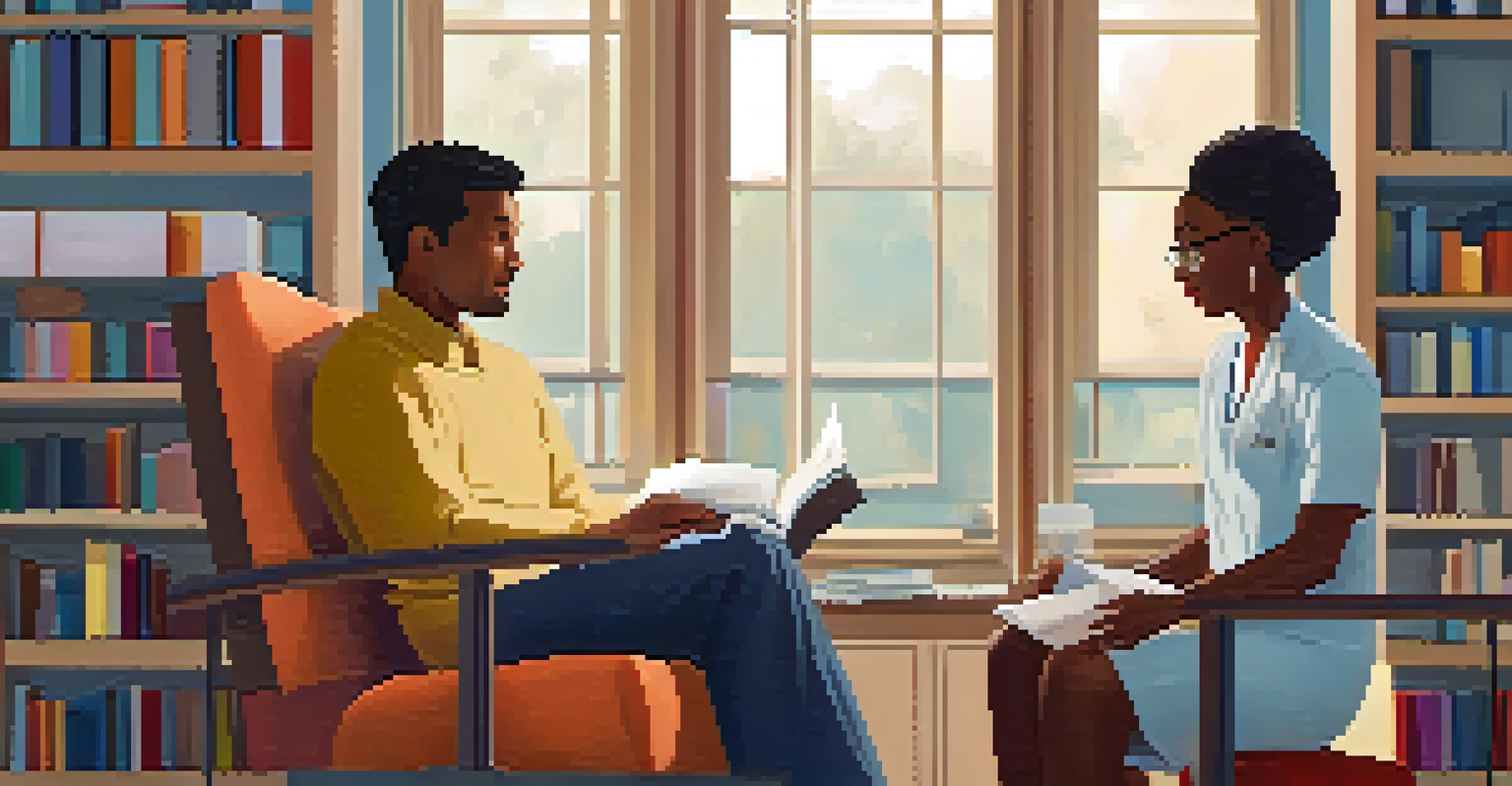 A mental health professional and a patient in a cozy office, having a conversation, with calming decorations and natural light.