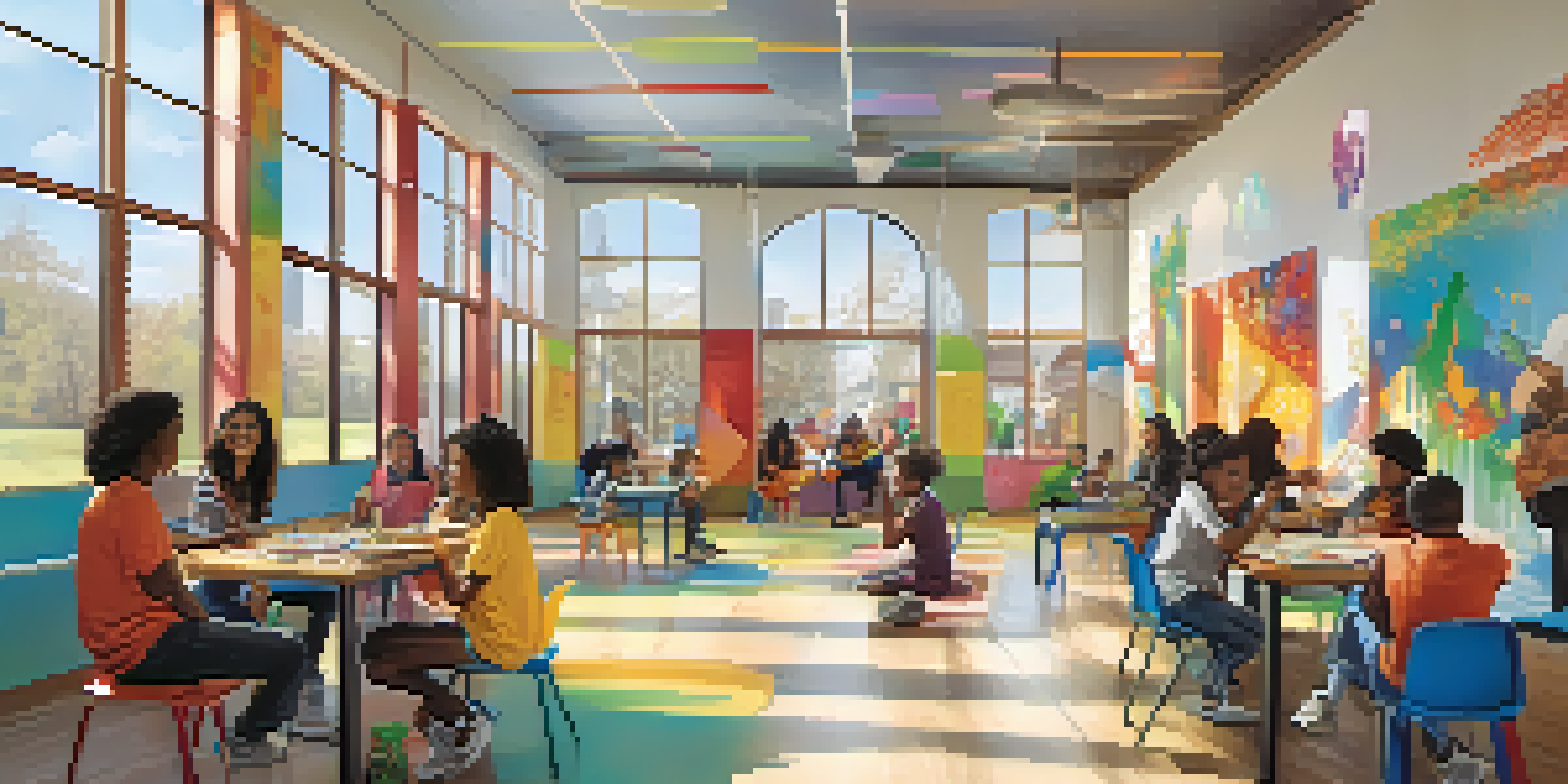 A lively community center with young individuals engaging in creative activities, surrounded by colorful art and bright light.