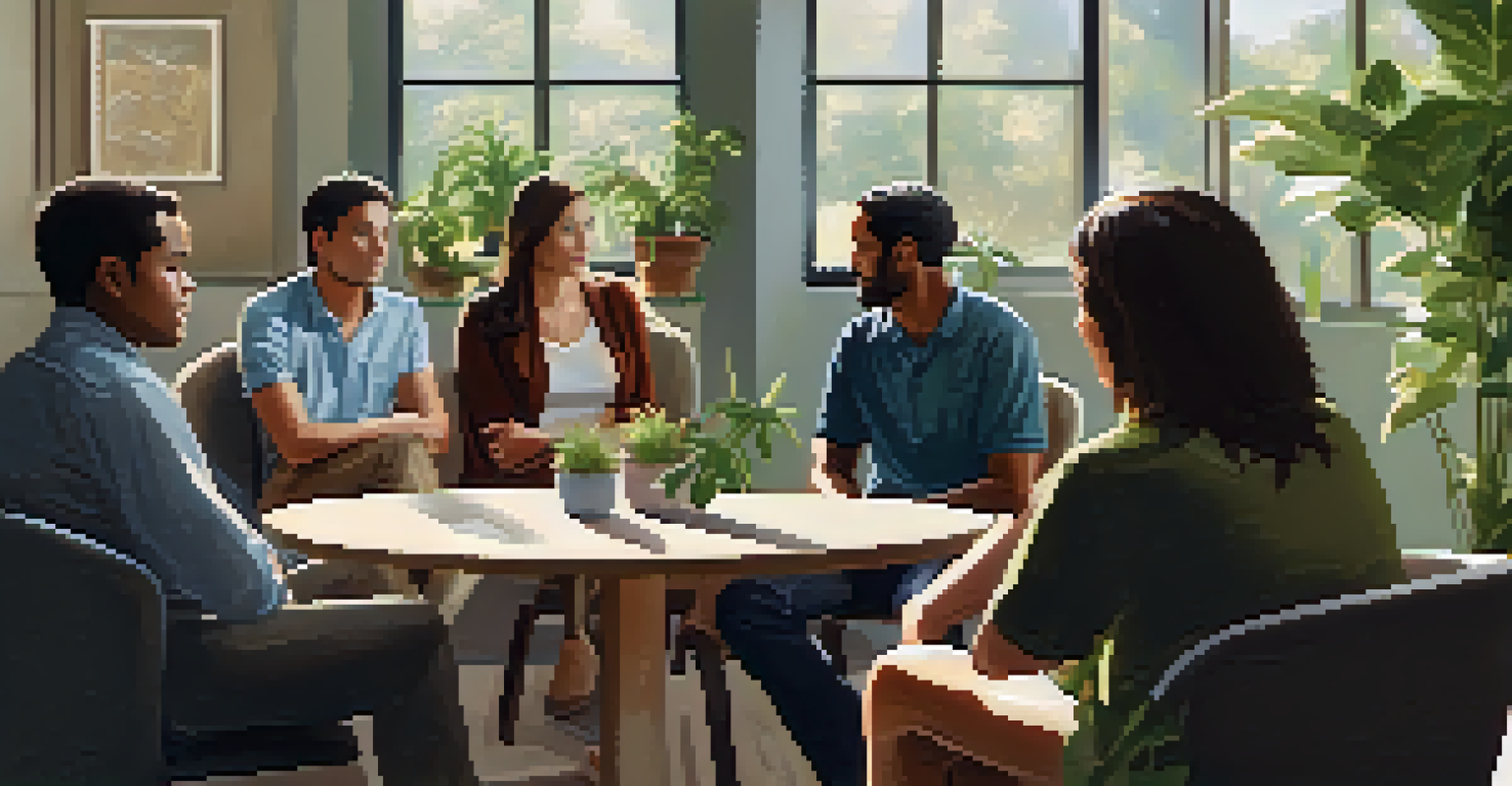 A small group of people in a circle, participating in a support group meeting in a warmly lit room.