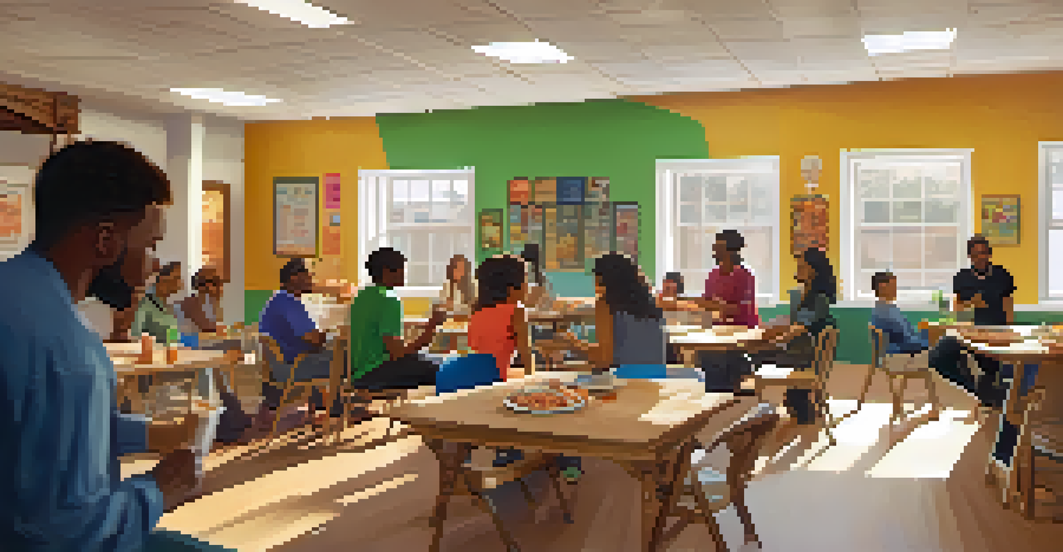 An inviting community center with people participating in a workshop about coping skills, surrounded by motivational posters and natural light.