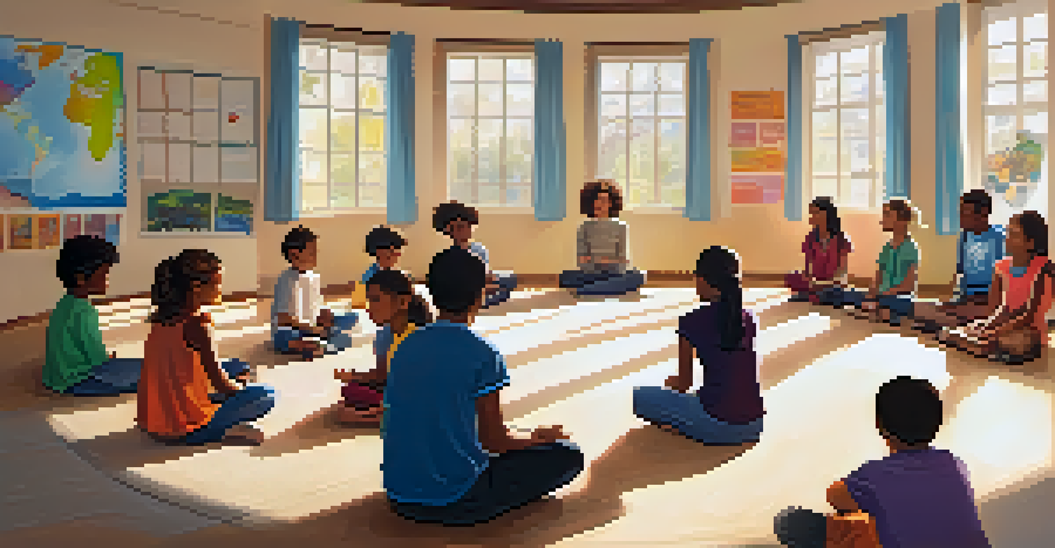A classroom with diverse students participating in a mindfulness workshop, some with eyes closed, others listening to a teacher.