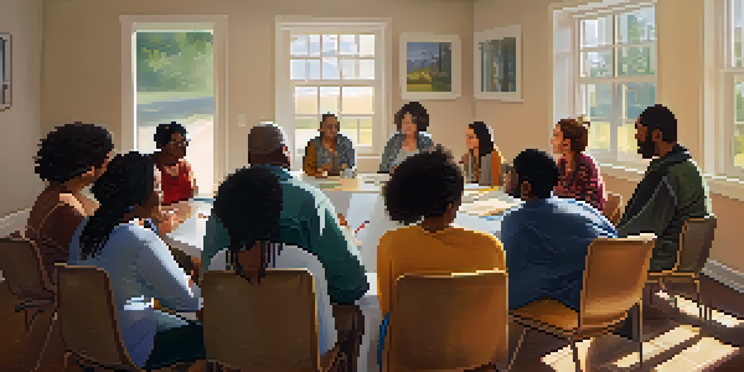 A diverse group of individuals sitting in a circle in a cozy community center, engaged in a supportive discussion with warm lighting.