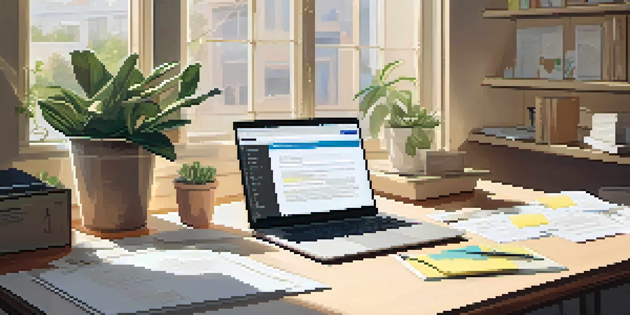 A cozy workspace with a wooden desk, an open laptop, motivational quotes on sticky notes, and a potted plant, illuminated by soft natural light.